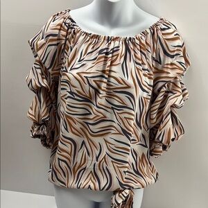 CeCe Brown Tan Puff Sleeve Ruffled Blouse